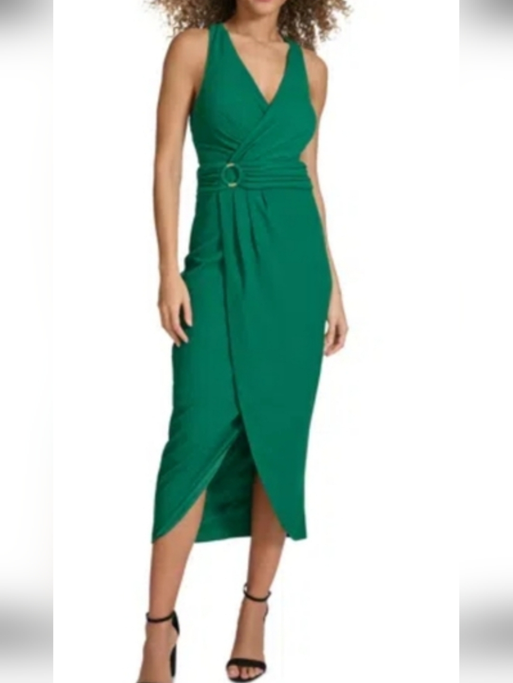 Siena Studio V-Neck Emerald faux Wrap Midi Dress with Waist Ring size 2 NWTS